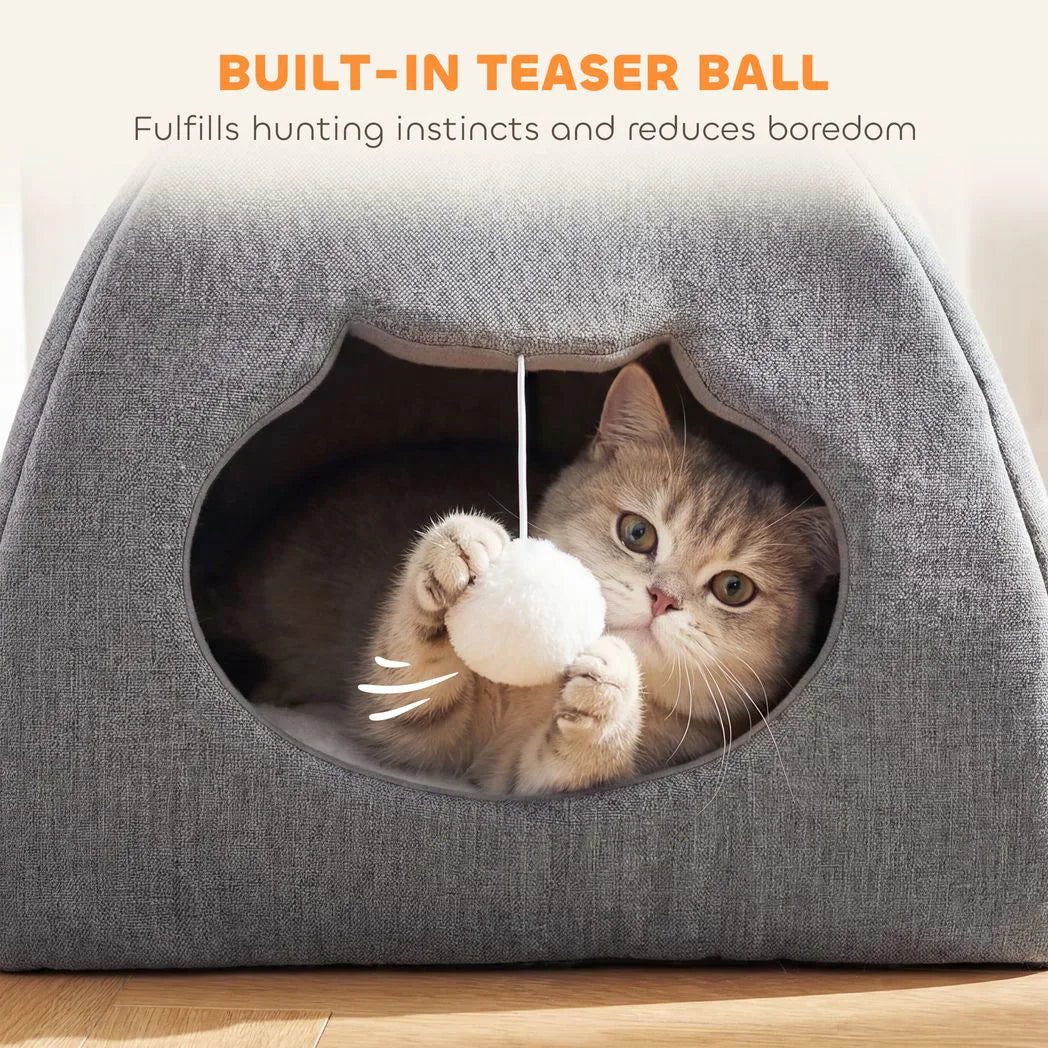 PawHut Cat Cave Bed with Reversible Cushion, Teaser Ball & Anti-Slip Base – Indoor Kitten Igloo House, Grey