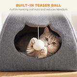 PawHut Cat Cave Bed with Reversible Cushion, Teaser Ball & Anti-Slip Base – Indoor Kitten Igloo House, Grey