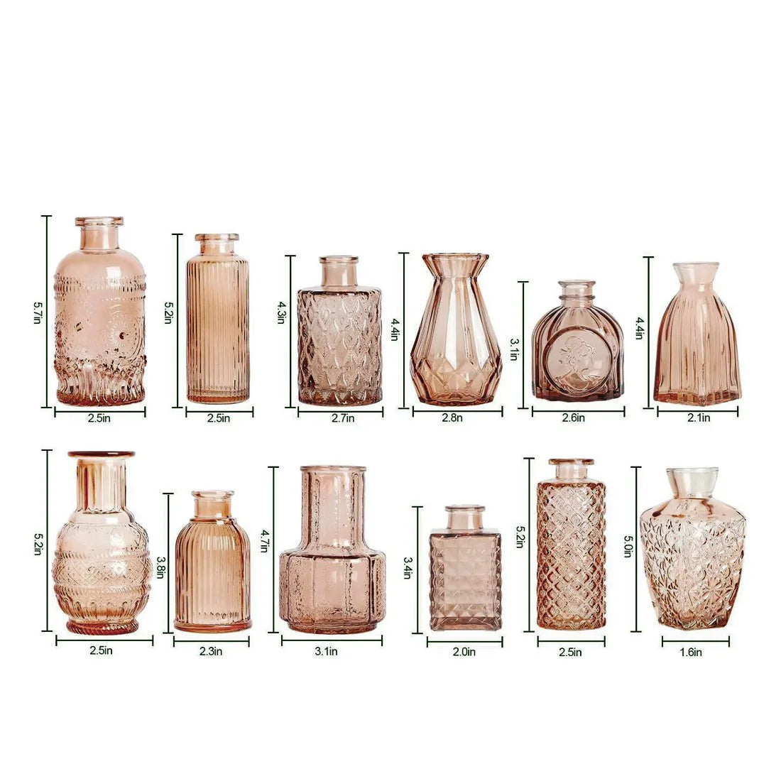 Glass Bud Vases, Set of 12, Small Vintage Embossed Vases for Table Centrepieces, Green