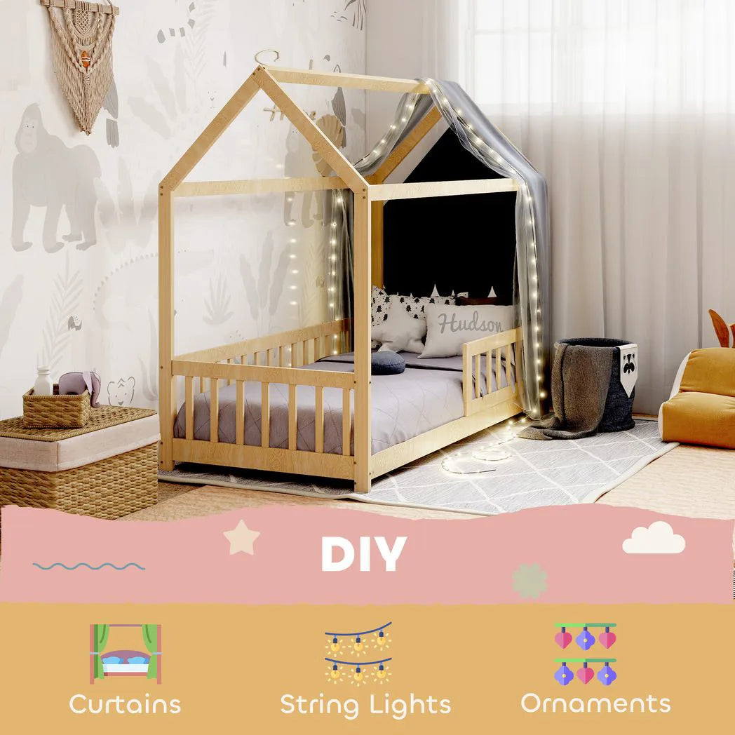 HOMCOM House-Shaped Kids Single Bed Frame with Guard Rails – Solid Pine, Natural Wood