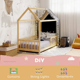 HOMCOM House-Shaped Kids Single Bed Frame with Guard Rails – Solid Pine, Natural Wood