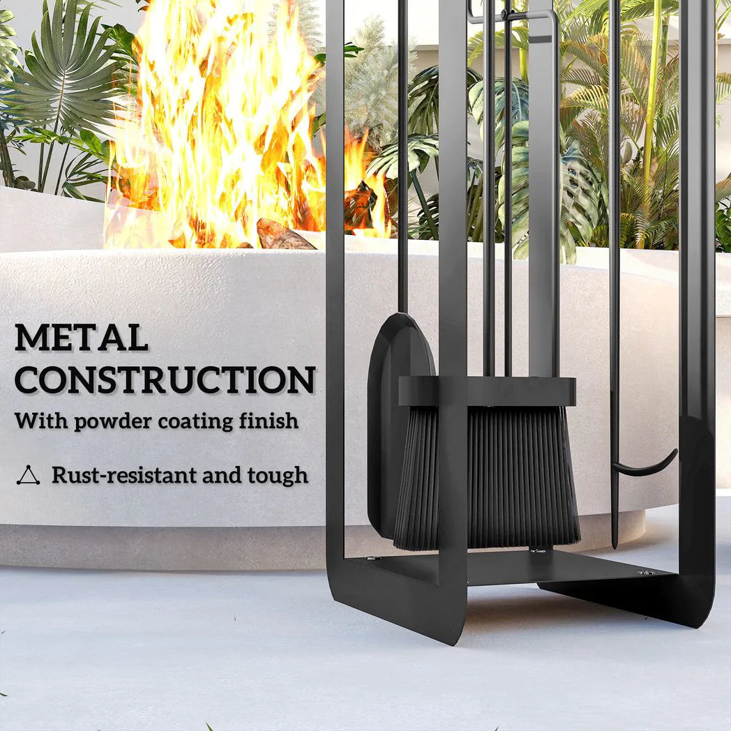 Outsunny 5-Piece Fireplace Companion Set – Brush, Shovel, Poker, Tongs and Stand, Black Metal