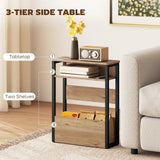 HOMCOM Industrial-Style Side Table with 2 Shelves and Metal Frame – Narrow Hallway & Bedroom Storage, Black and Walnut Brown