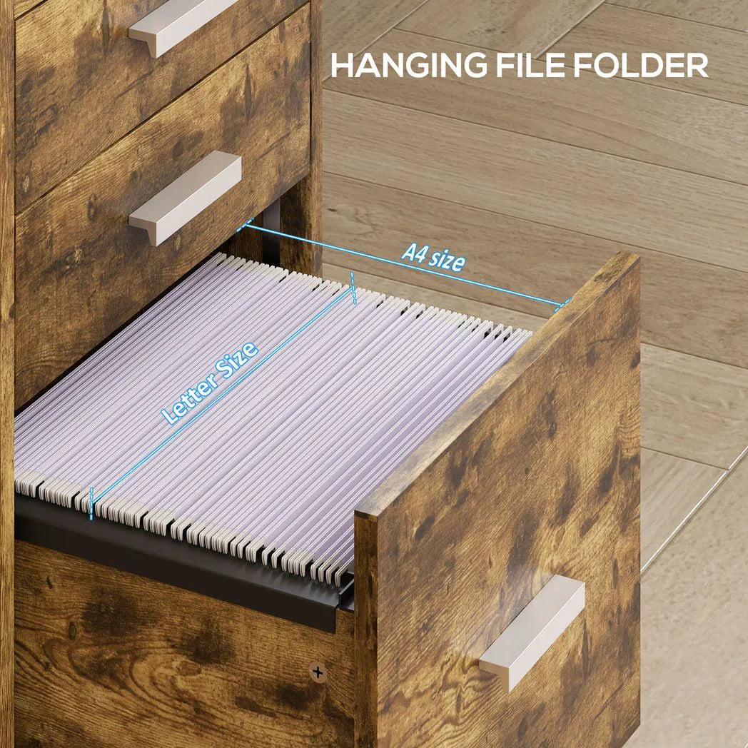 HOMCOM 3 Drawer Rolling Filing Cabinet for A4 and Letter Hanging Files – Under-Desk Storage, Rustic Brown