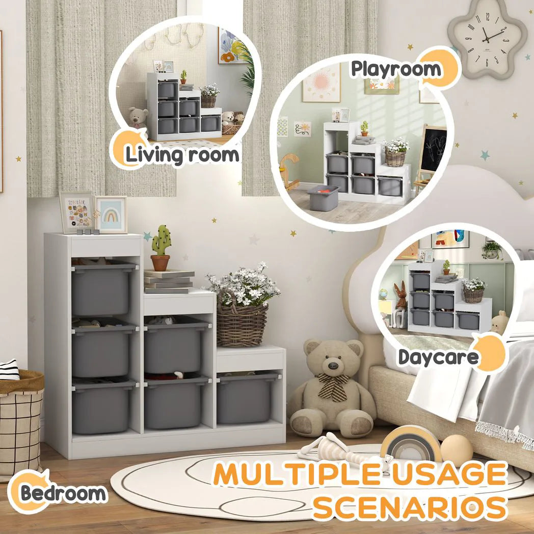 AIYAPLAY 3-Tier Kids Toy Storage Organiser with 6 Removable Bins – Grey, Ages 3-8