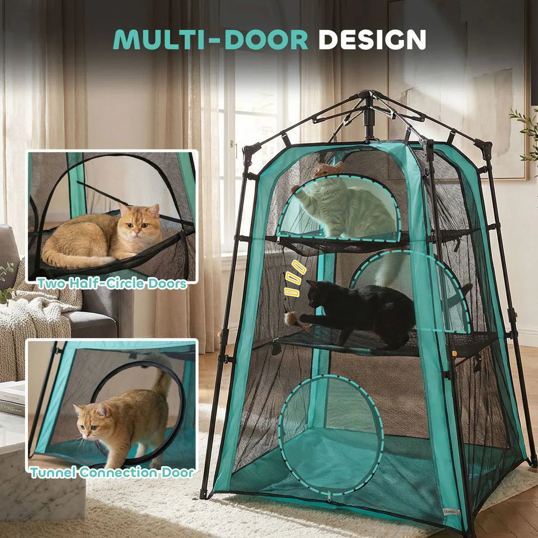 PawHut 3-Tier Portable Cat Tent with Multiple Doors, Carry Bag and Breathable Mesh – Indoor and Outdoor Cat House