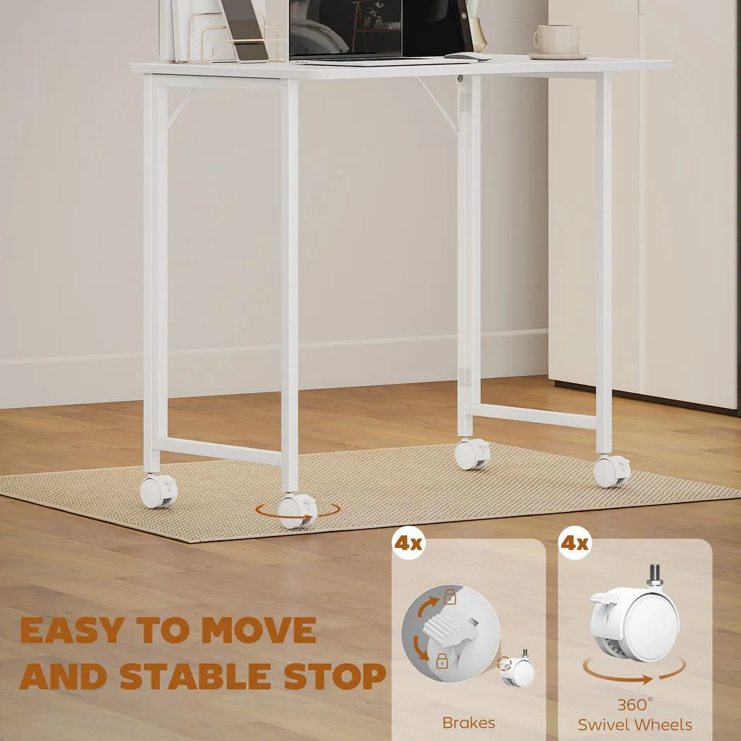 HOMCOM Small Folding Desk with 4 Lockable Wheels & Device Slot – Space-Saving Study Desk, White Wood-Effect