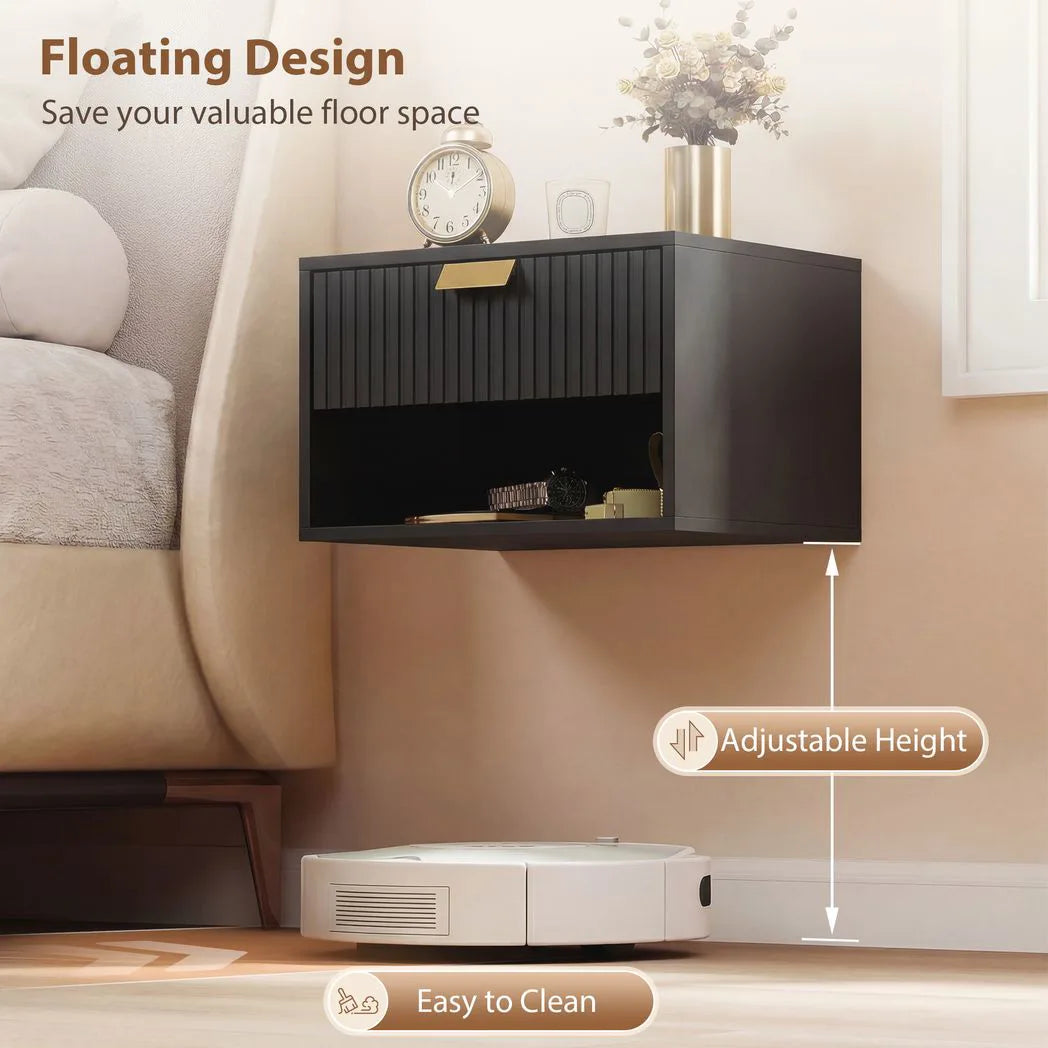 HOMCOM Floating Bedside Tables, Set of 2 Wall Mounted Nightstands with Fluted Drawer & Open Shelf, Black