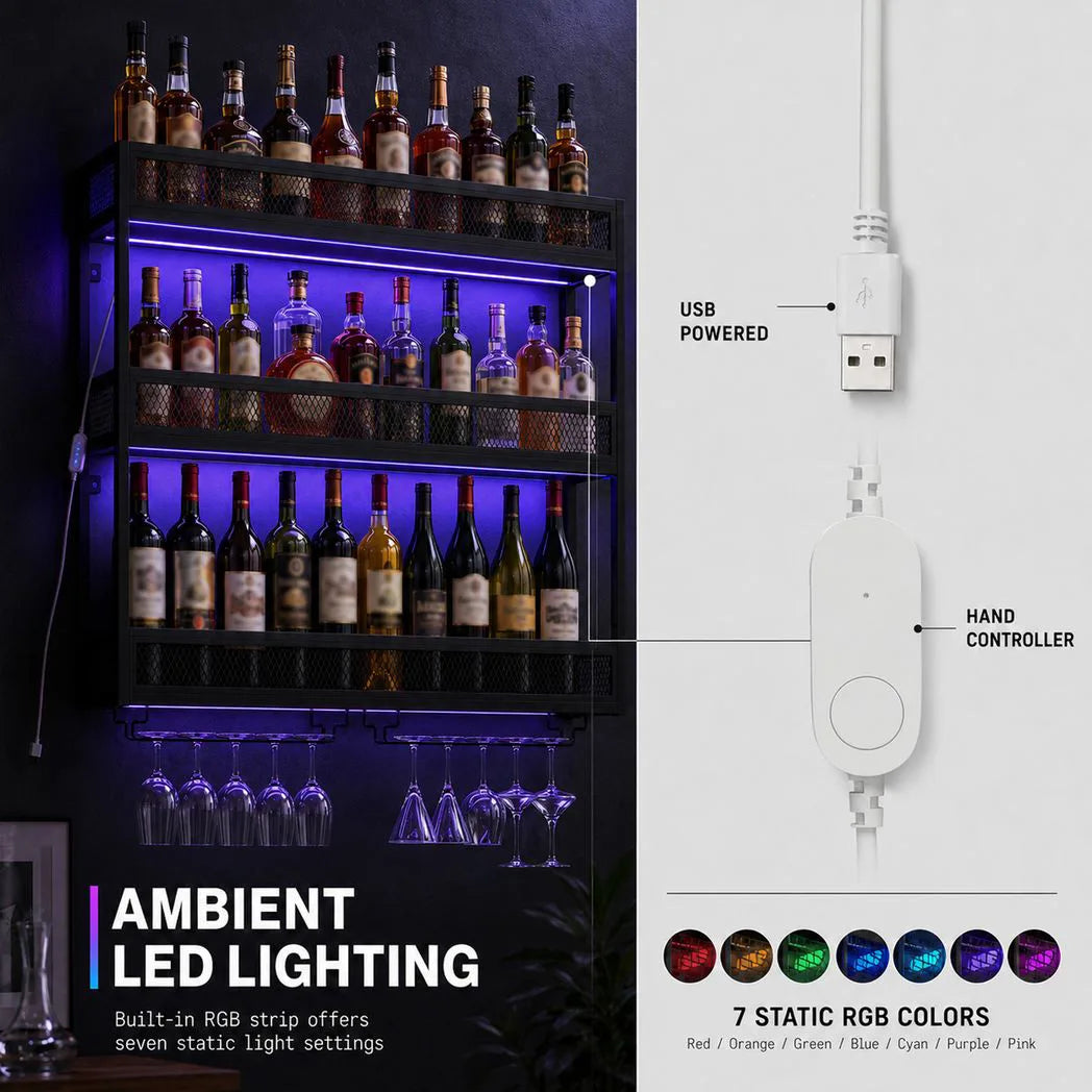 HOMCOM Wall-Mounted Wine Rack with LED Lights, Glass Holders and Open Shelf – Black Metal Rack for 36 Bottles