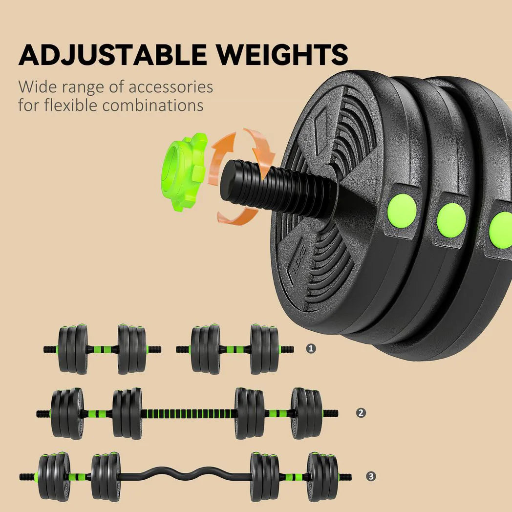SPORTNOW 20 kg 3-in-1 Adjustable Dumbbell & Barbell Set with EZ Curl Bar – Home Gym Weights, Green