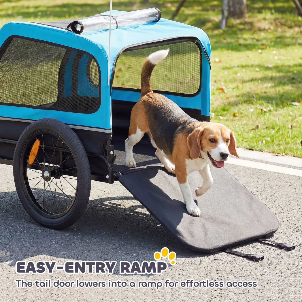 PawHut Dog Bike Trailer with Flip-Down Ramp, Quick Release Frame & Universal Coupler – Blue