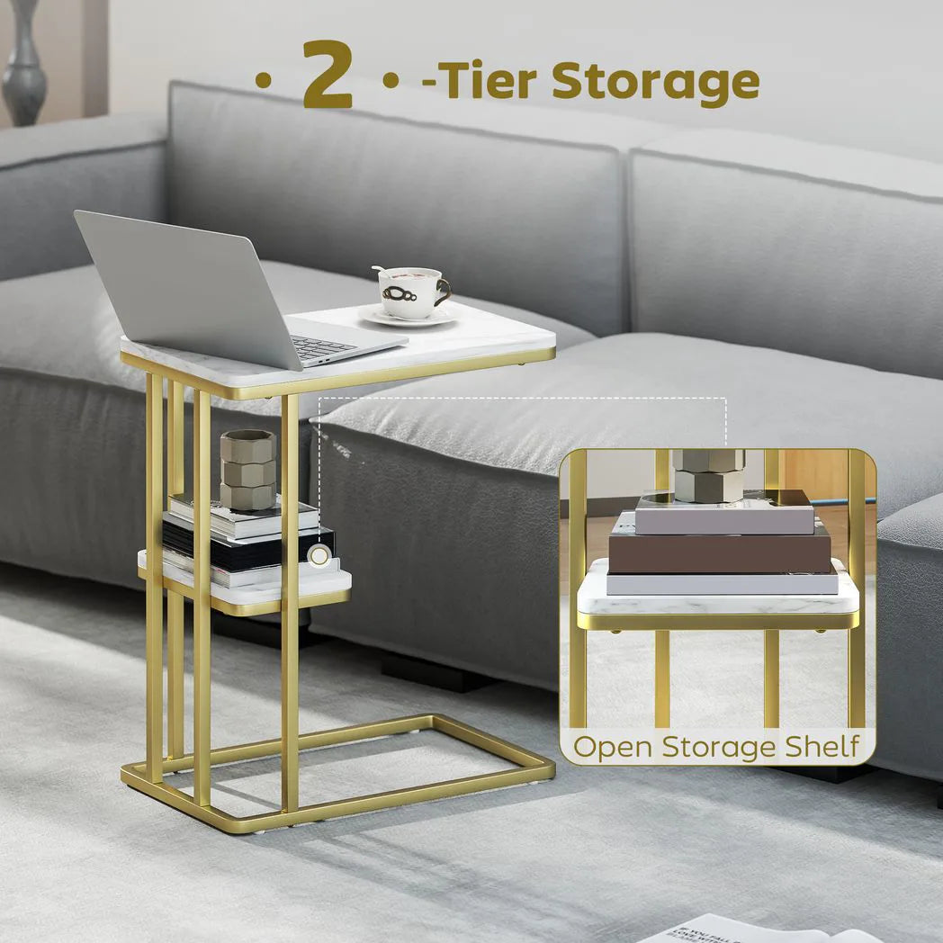 HOMCOM C-Shaped Narrow Side Table with 2-Tier Storage – Slim Sofa Table or Nightstand, White Marble Effect