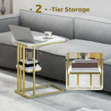HOMCOM C-Shaped Narrow Side Table with 2-Tier Storage – Slim Sofa Table or Nightstand, White Marble Effect