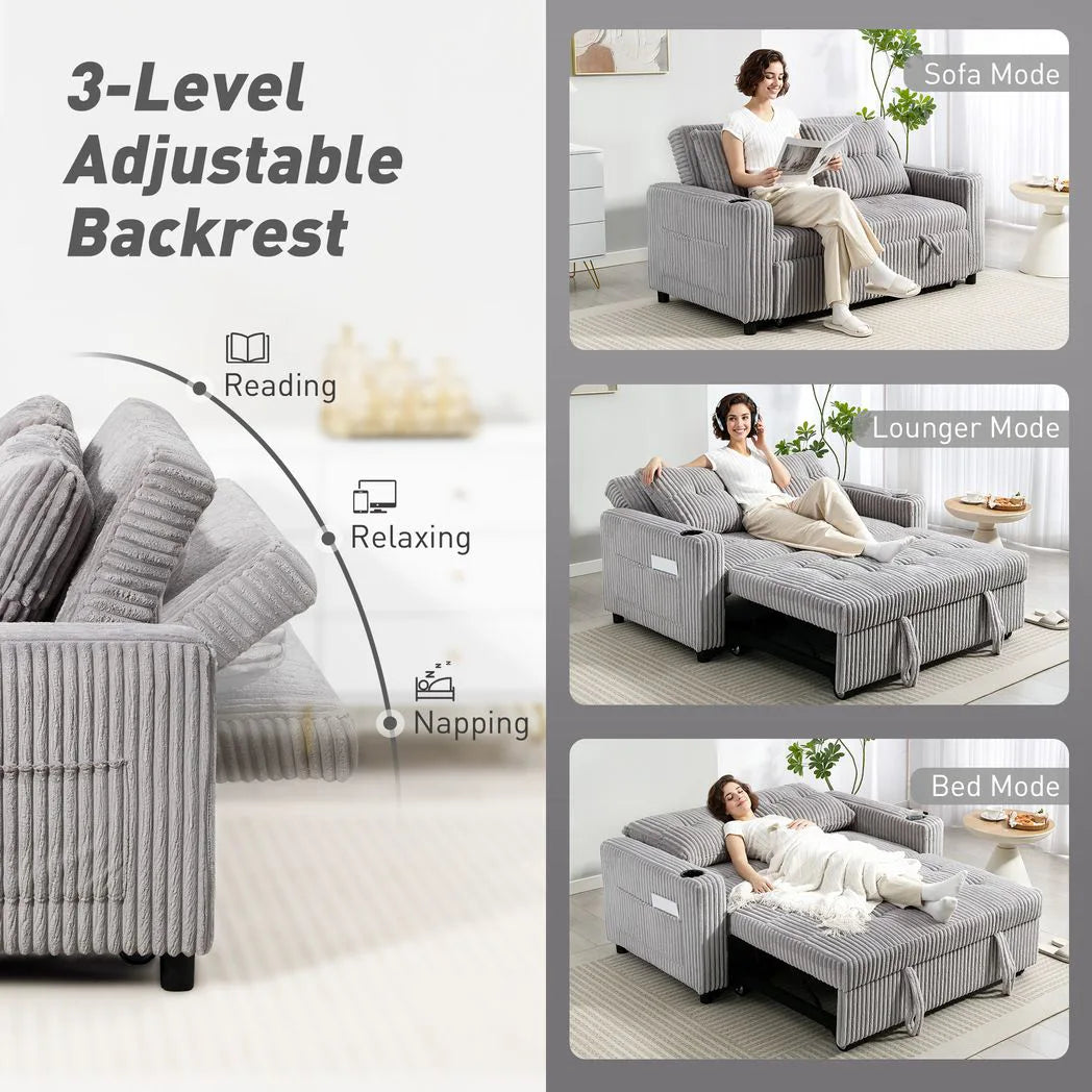 HOMCOM 2 Seater Click Clack Sofa Bed with Pull-Out Design and Cup Holders – Corduroy Upholstery, Light Grey