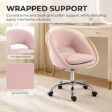 HOMCOM Velvet Desk Chair with Height-Adjustable Seat and Swivel Wheels – Modern Home Study Office Chair, Pink