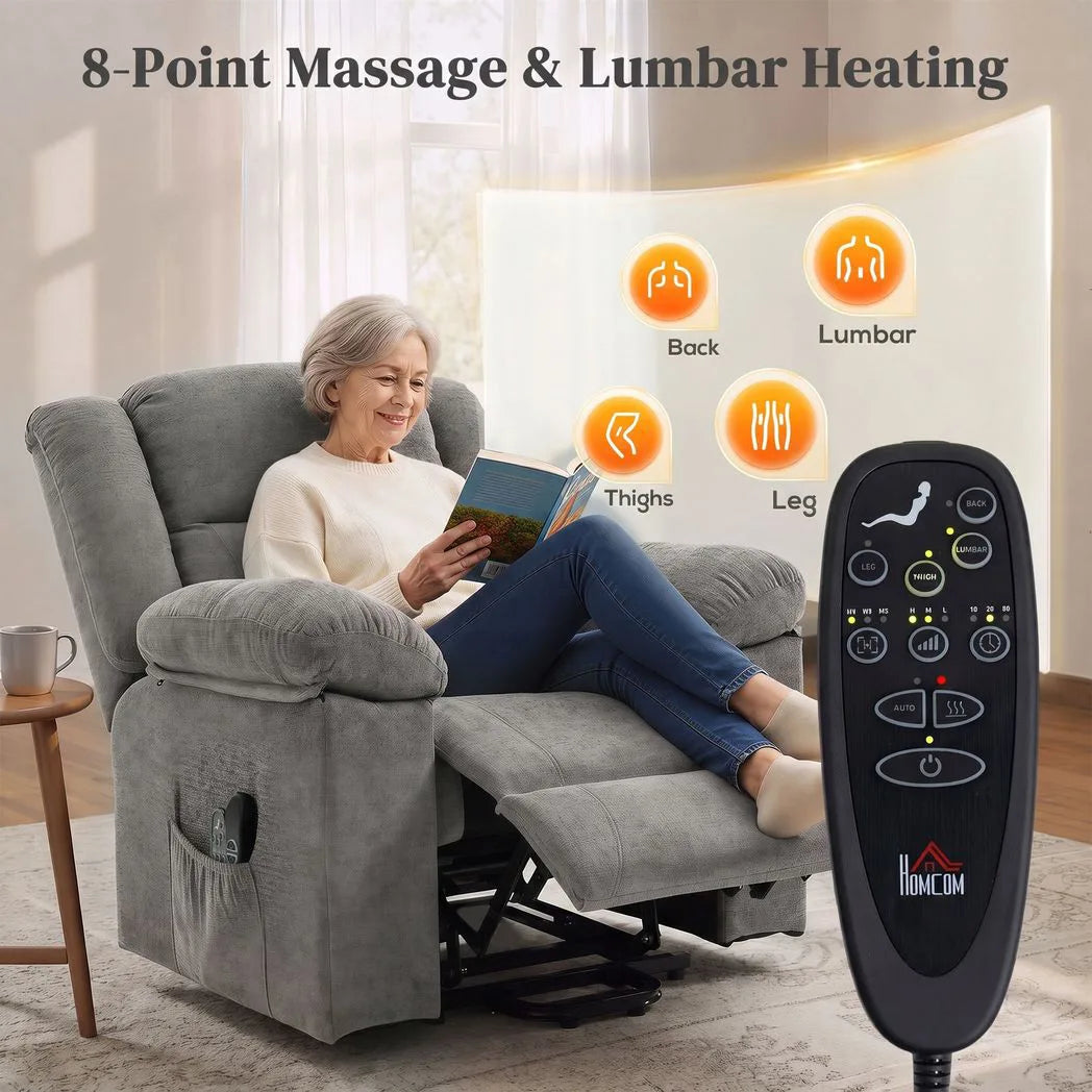 HOMCOM Oversized Riser Recliner Chair with Massage and Heat, Power Lift, Wide Seat and Back, Grey