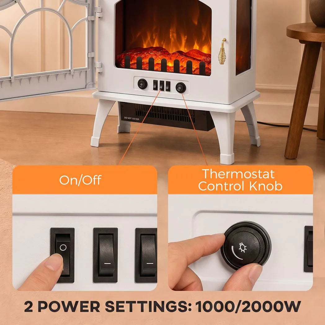 HOMCOM 3-Sided Glass Electric Fireplace Stove with 1000W/2000W Settings and Flame Effect – White