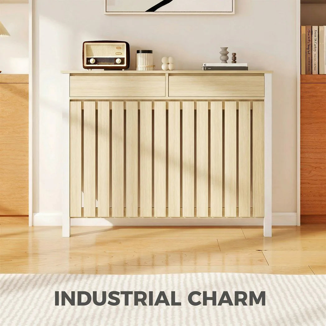 HOMCOM Rustic-Look Radiator Cover with Top Drawers, 93 x 119cm – Slimline Heater Guard, Oak