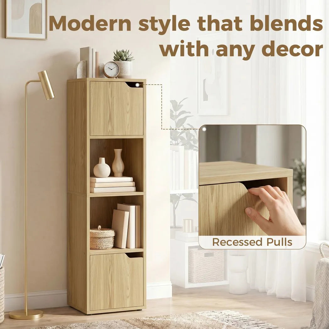 HOMCOM Narrow 4-Tier Bookcase with Open Shelves and Cabinet Doors – Slim Storage Unit, Oak
