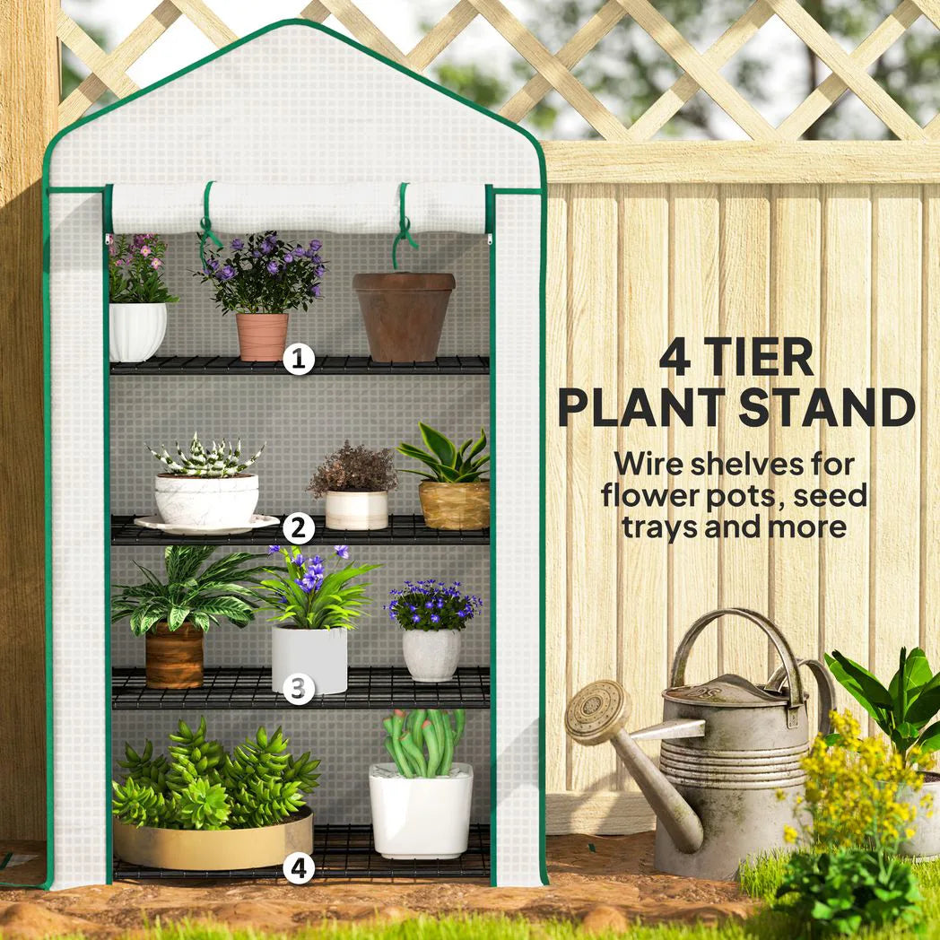 Outsunny Four-Tier Mini Greenhouse with Reinforced Plastic Cover and Roll-Up Door – Steel Frame Plant Shelter