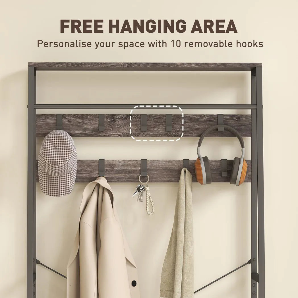 HOMCOM Industrial Hall Tree Coat Rack with Shoe Bench, 10 Removable Hooks, 2 Fabric Drawers and Clothes Rail – Grey