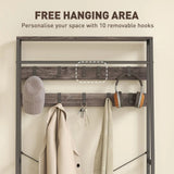 HOMCOM Industrial Hall Tree Coat Rack with Shoe Bench, 10 Removable Hooks, 2 Fabric Drawers and Clothes Rail – Grey