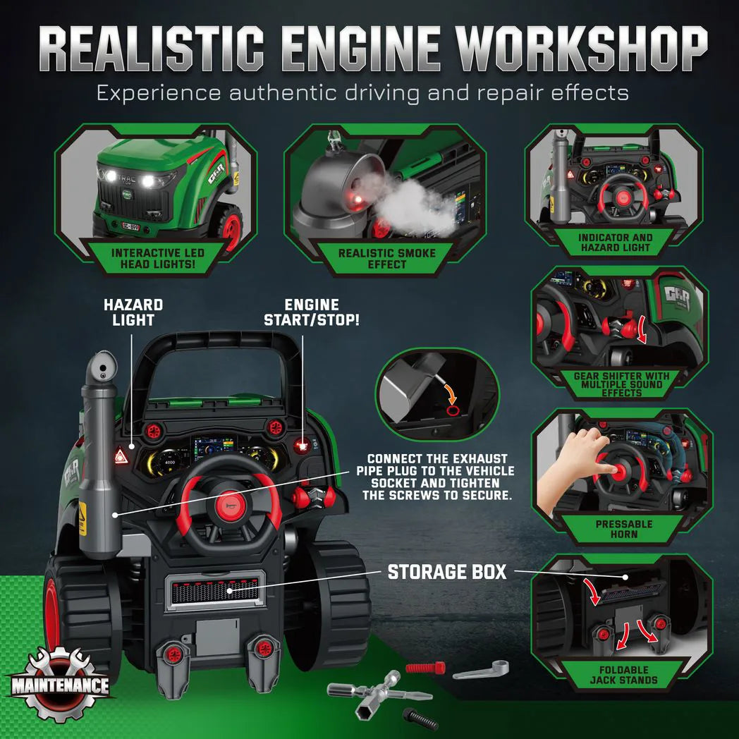 AIYAPLAY Kids Truck Engine Toy with Steering Wheel, Mist, Lights and Sounds – Mechanic Play Set, Green