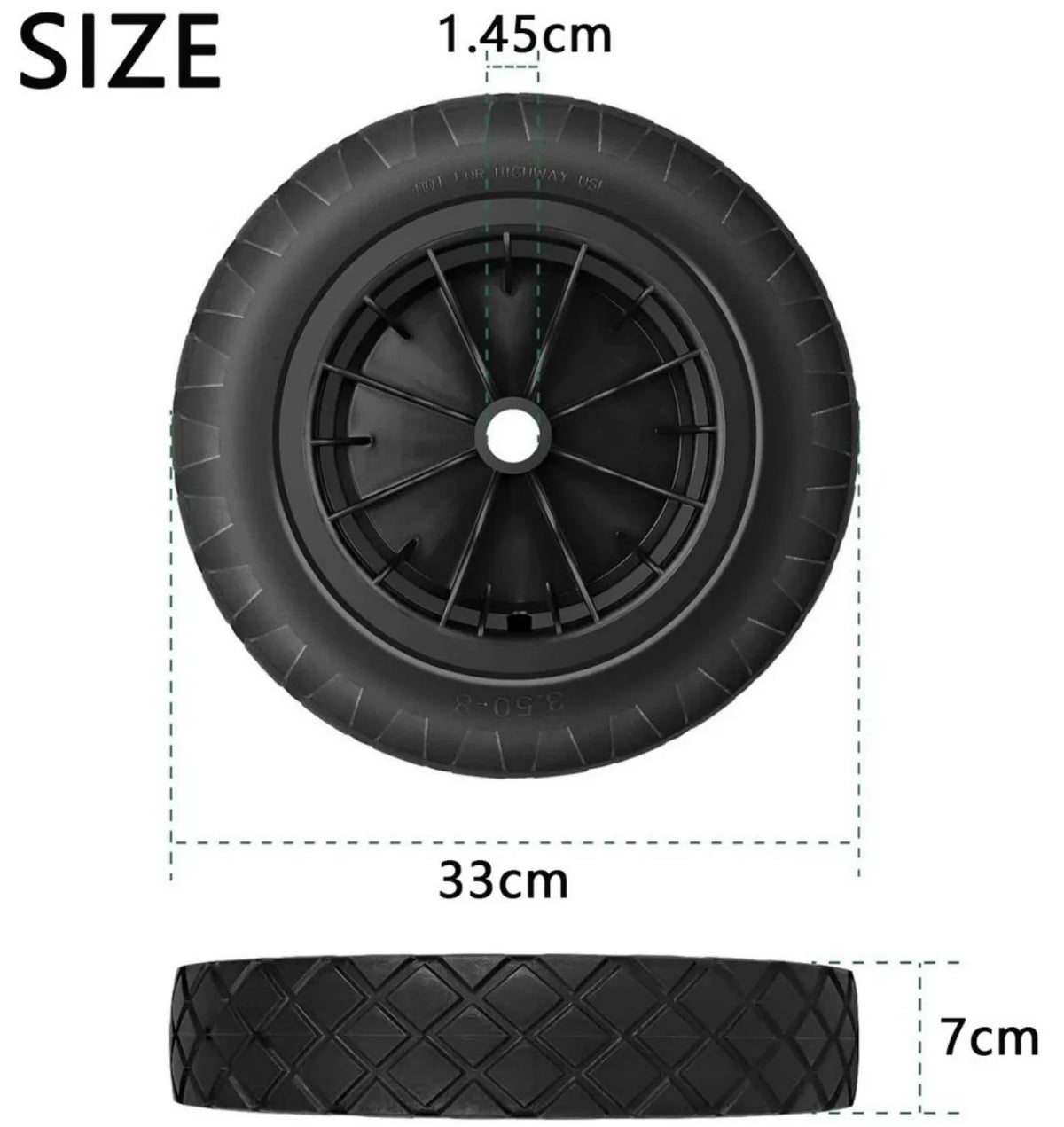 14 Inch 3.50-8 Solid PU Wheelbarrow Wheel – Puncture-Proof Heavy Duty Tyre for Handcarts, Black
