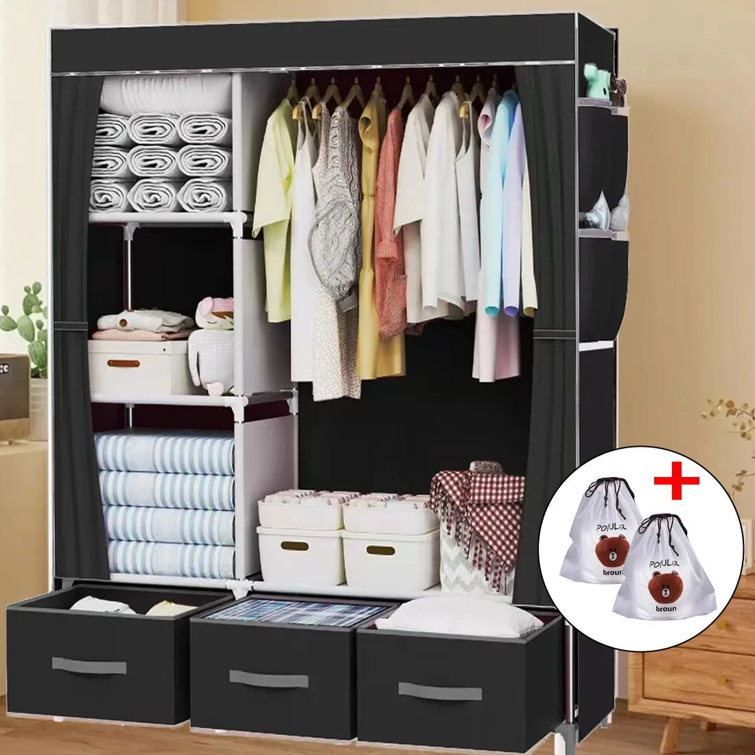 Large Fabric Canvas Wardrobe with Hanging Rail & 6 Shelves, Grey/Black, 105 x 45 x 163cm