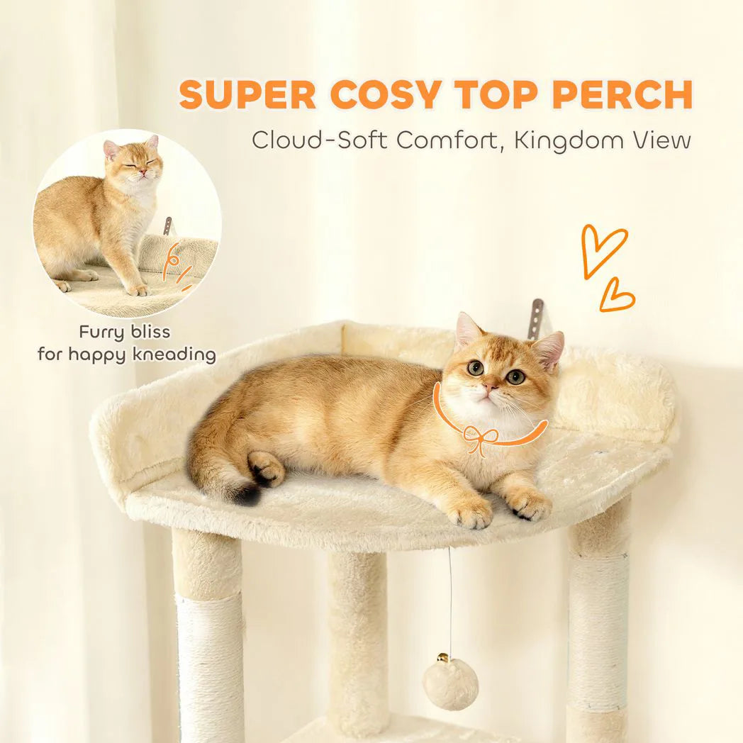 PawHut 170cm Large Cat Tree with 7 Scratching Posts, Tunnel, 2 Condos, Hammock & Perch – Cat Tower, Beige