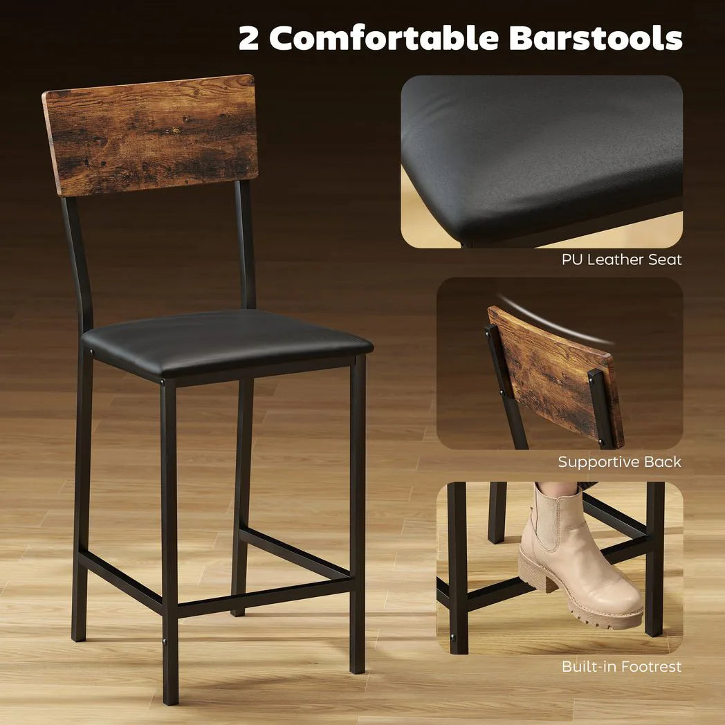 HOMCOM Three-Piece Compact Bar Table Set with 2 PU Leather Chairs and Side Shelves – Brown/Black