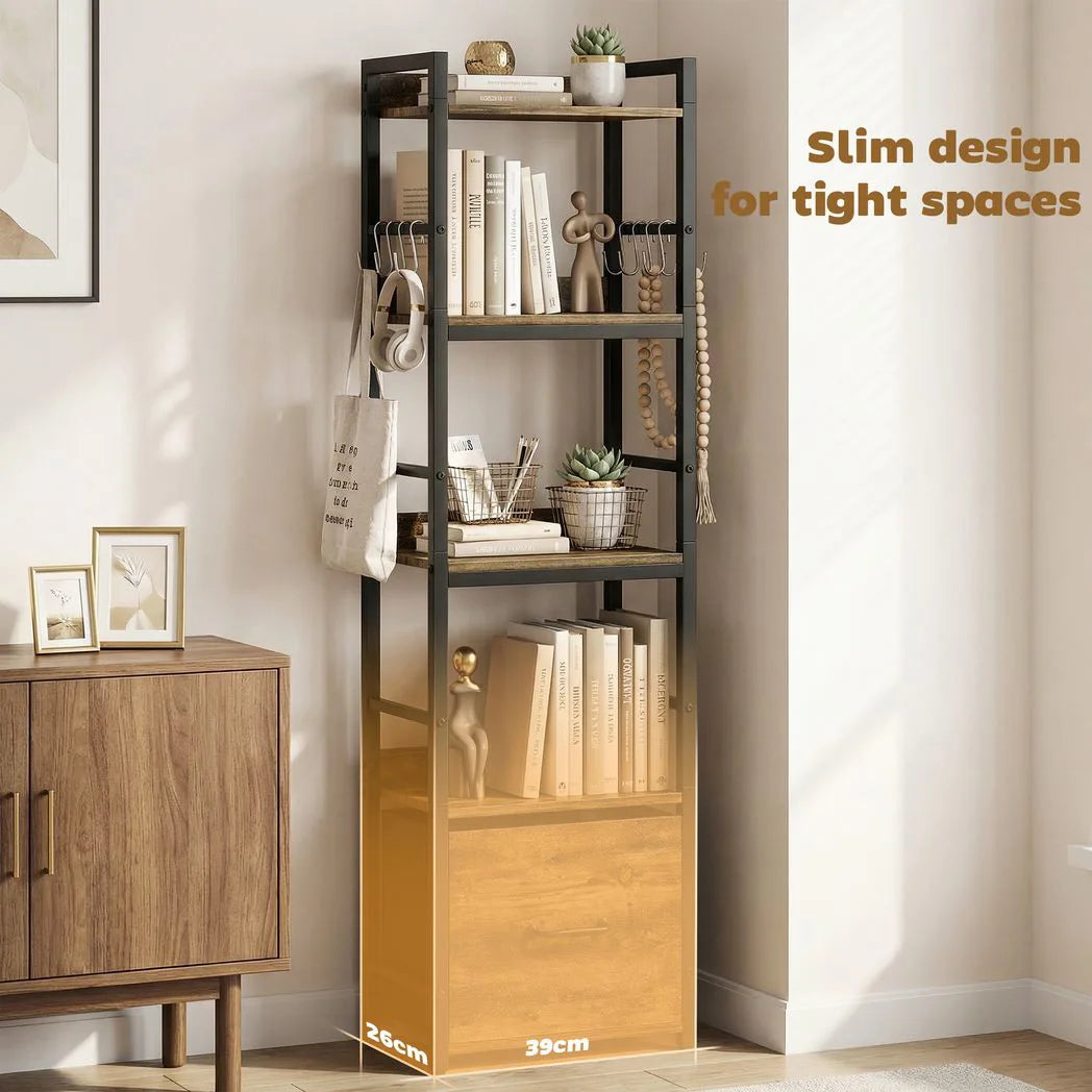 HOMCOM 4-Tier Narrow Bookcase with Drawer, 8 Hooks & Anti-Tip Straps – Slim Storage Shelf, Rustic Brown