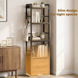 HOMCOM 4-Tier Narrow Bookcase with Drawer, 8 Hooks & Anti-Tip Straps – Slim Storage Shelf, Rustic Brown
