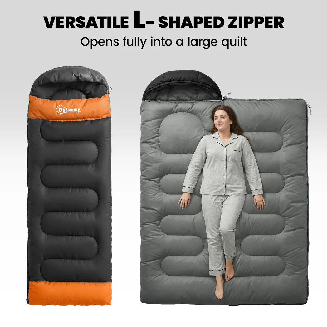 Outsunny 3-Season Sleeping Bag for Adults with L-Shaped Zip, Opens into Quilt – Lightweight & Compact, Grey