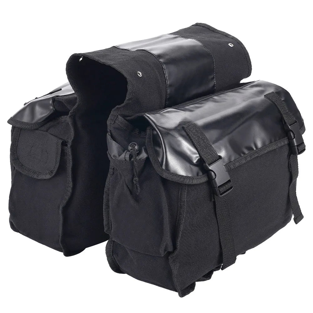 26L Motorcycle Saddle Bag with Two Side Pockets – Waterproof Canvas & PU Leather Panniers, Black