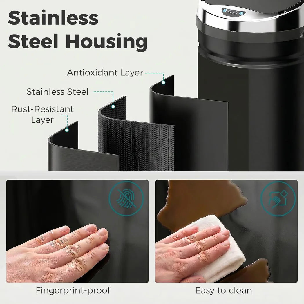HOMCOM 42L Automatic Motion Sensor Rubbish Bin – Fingerprint-Resistant Stainless Steel Kitchen Bin, Black