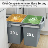 HOMCOM 40L Pull Out Under Sink Bin with 2 Removable 20L Compartments – Damped Glide Kitchen Recycling Bin, Grey