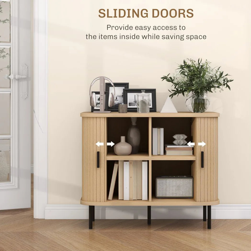 HOMCOM Mid-Century Sideboard with Slatted Tambour Sliding Doors & Steel Legs – Oak Tone