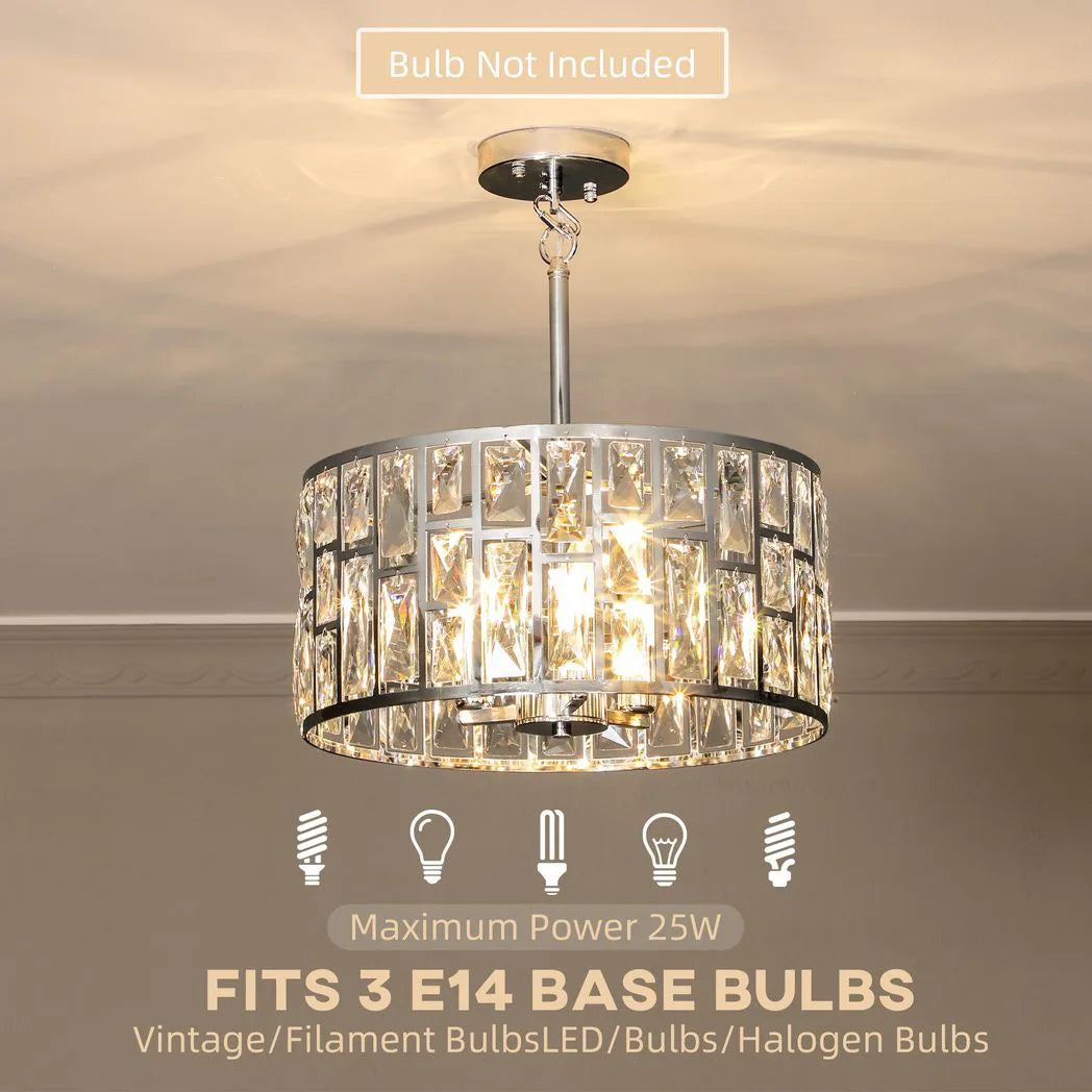 HOMCOM Crystal Chandelier with 72 Glass Pieces and 3 E14 Bulbs – Adjustable Ceiling Light, Silver-Tone