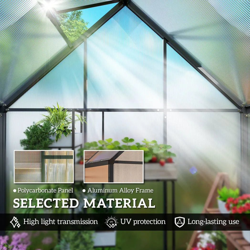 Outsunny 5.5 x 2ft Polycarbonate Walk-In Greenhouse with Push Door, Roof Vent & Rain Gutter – Quick Setup, Black