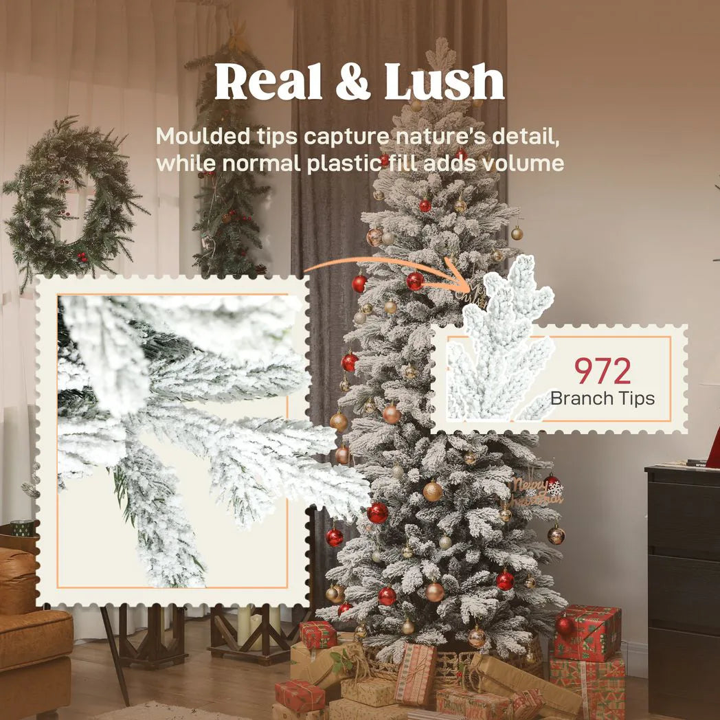 HOMCOM 7ft Flocked Artificial Christmas Tree with 972 Branches – Slim Snowy Tree, Flame-Retardant