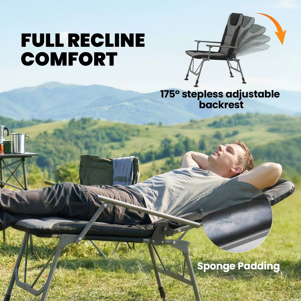 Outsunny Reclining Camping Chair with Padded Seat, Wide Armrests & Adjustable Legs – Folding Fishing Chair, Black