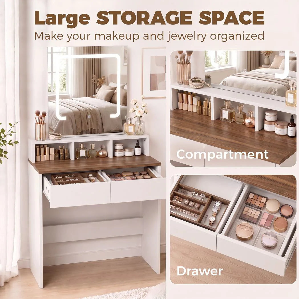 HOMCOM Dressing Table with LED Mirror, 2 Drawers & 3 Compartments – 3 Colour Lighting Makeup Vanity, Walnut
