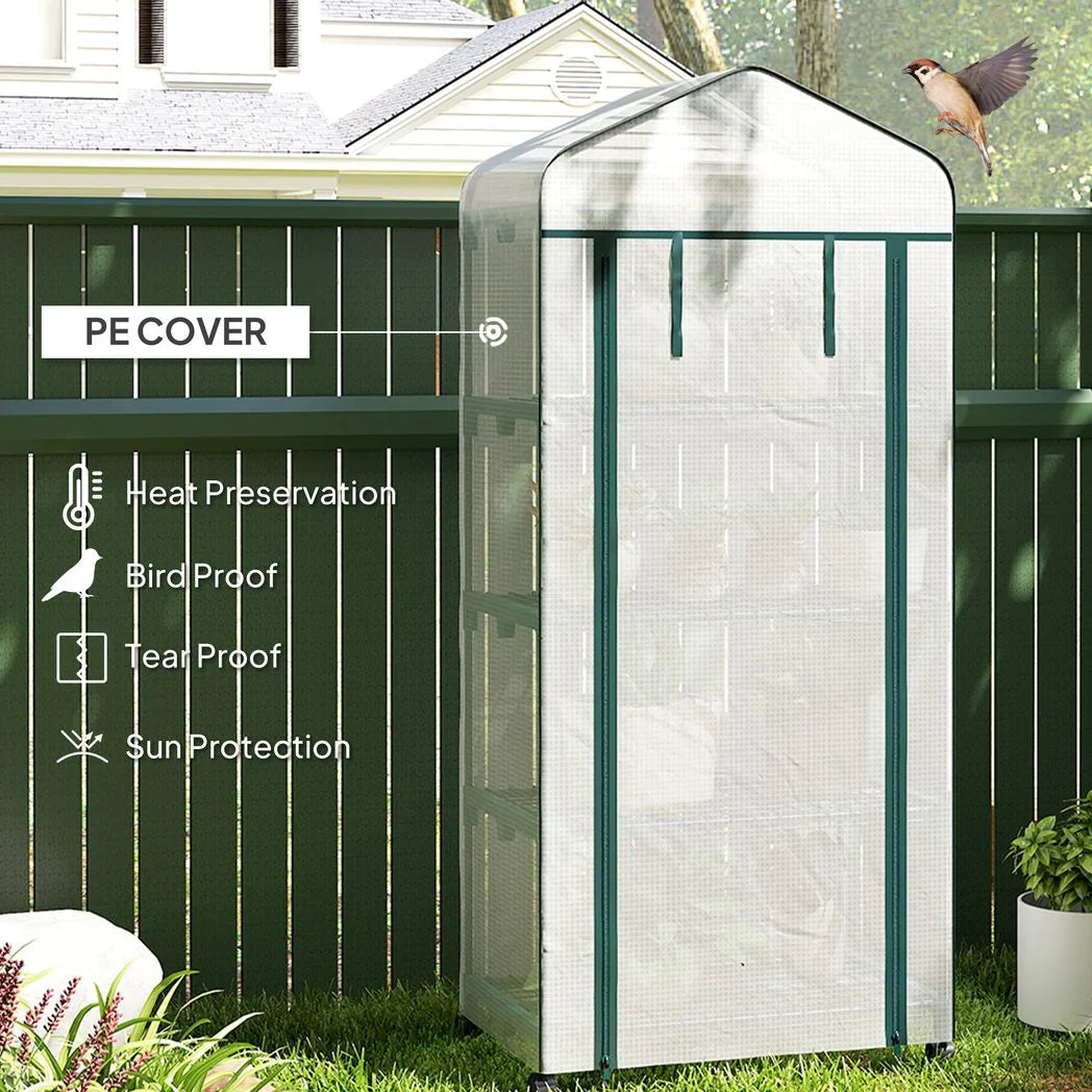 Outsunny 4 Tier Mini Portable Greenhouse with PE Cover & Lockable Wheels – Compact Plant Grow Shed, White