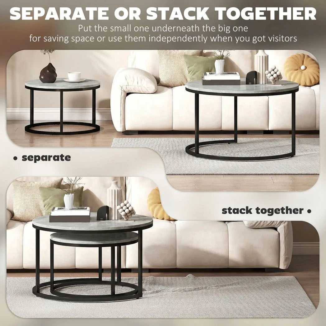 HOMCOM Set of 2 Round Nesting Coffee Tables with Marble-Effect Top & Steel Frame – Stacking Side Tables, Grey
