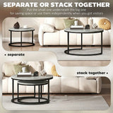 HOMCOM Set of 2 Round Nesting Coffee Tables with Marble-Effect Top & Steel Frame – Stacking Side Tables, Grey