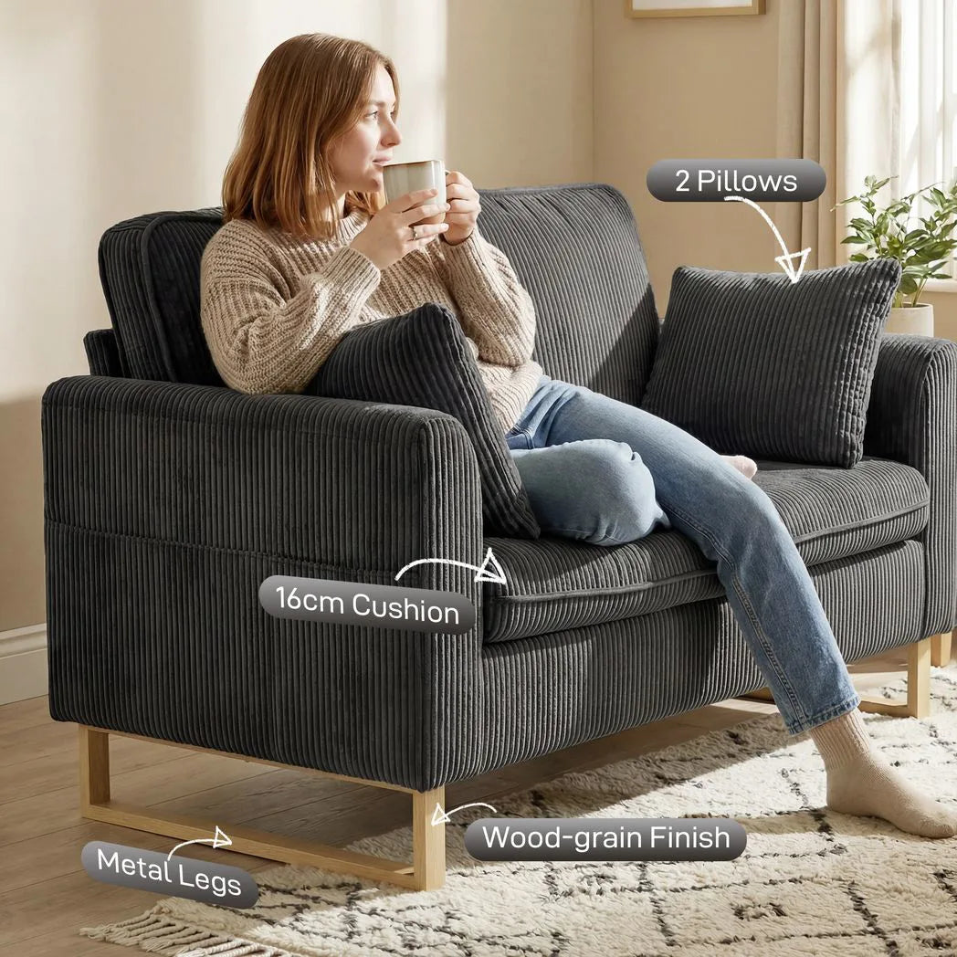 HOMCOM 2 Seater Sofa, 140 cm Corduroy Loveseat with Pocket Spring Cushions, Metal Legs & 2 Pillows – Dark Grey