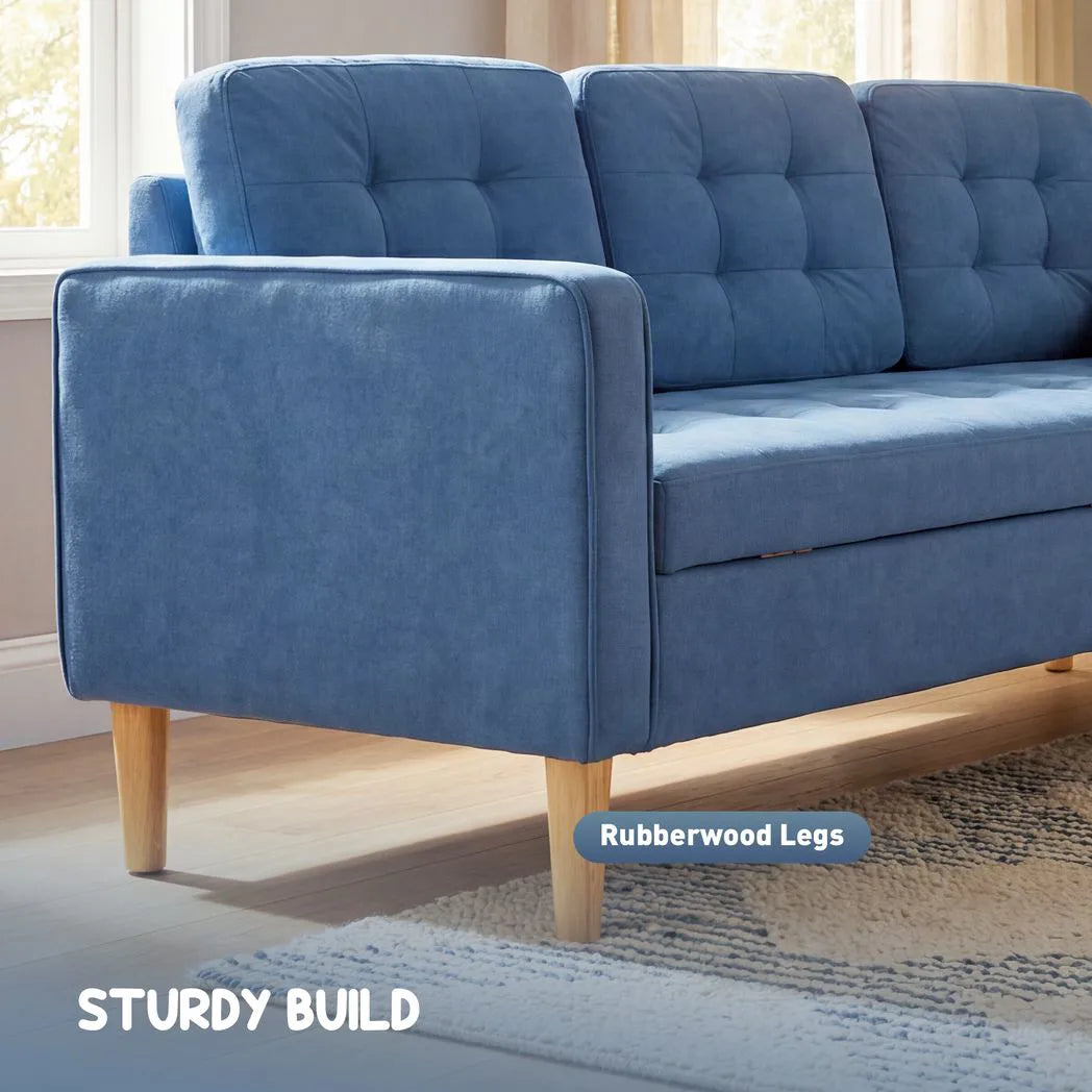 HOMCOM 3 Seater Sofa with Hidden Storage, Button Tufting and Wood Legs, 169 cm – Compact Couch, Blue