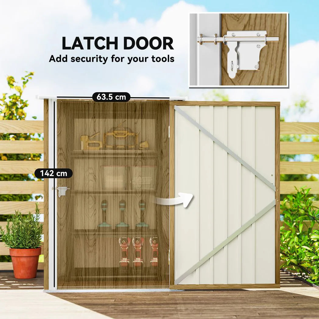 Outsunny Lean-To Steel Garden Shed with Locking Door – 3.3 x 3.4ft Tool Storage, Light Brown Wood Effect/White