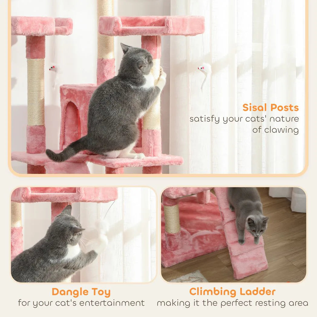 PawHut 173 cm Cat Tree with Scratching Boards and Two Cat Houses – Tall Activity Play Centre, Pink